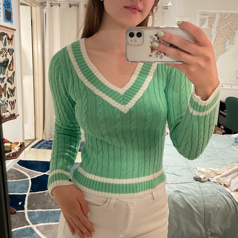 Green and White V-Neck Sweater